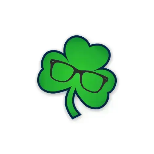 Green three-leaf clover with a blue outline, featuring black, thick-rimmed glasses resting on its top two leaves.
